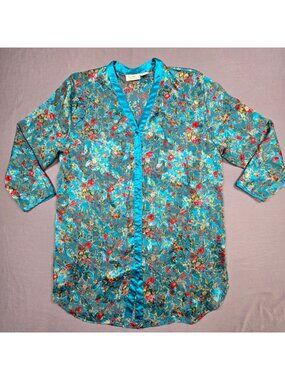 Vintage Victorias Secret M/L Turquoise Floral Satin Gown Lightweight Sheer